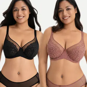 [2PCS SET]Lacsper Daisy Minimizer Bra Floral Lace Unlined & Non-Padded Plus Size Full Coverage with Supportive Under Band for All-Day Comfort