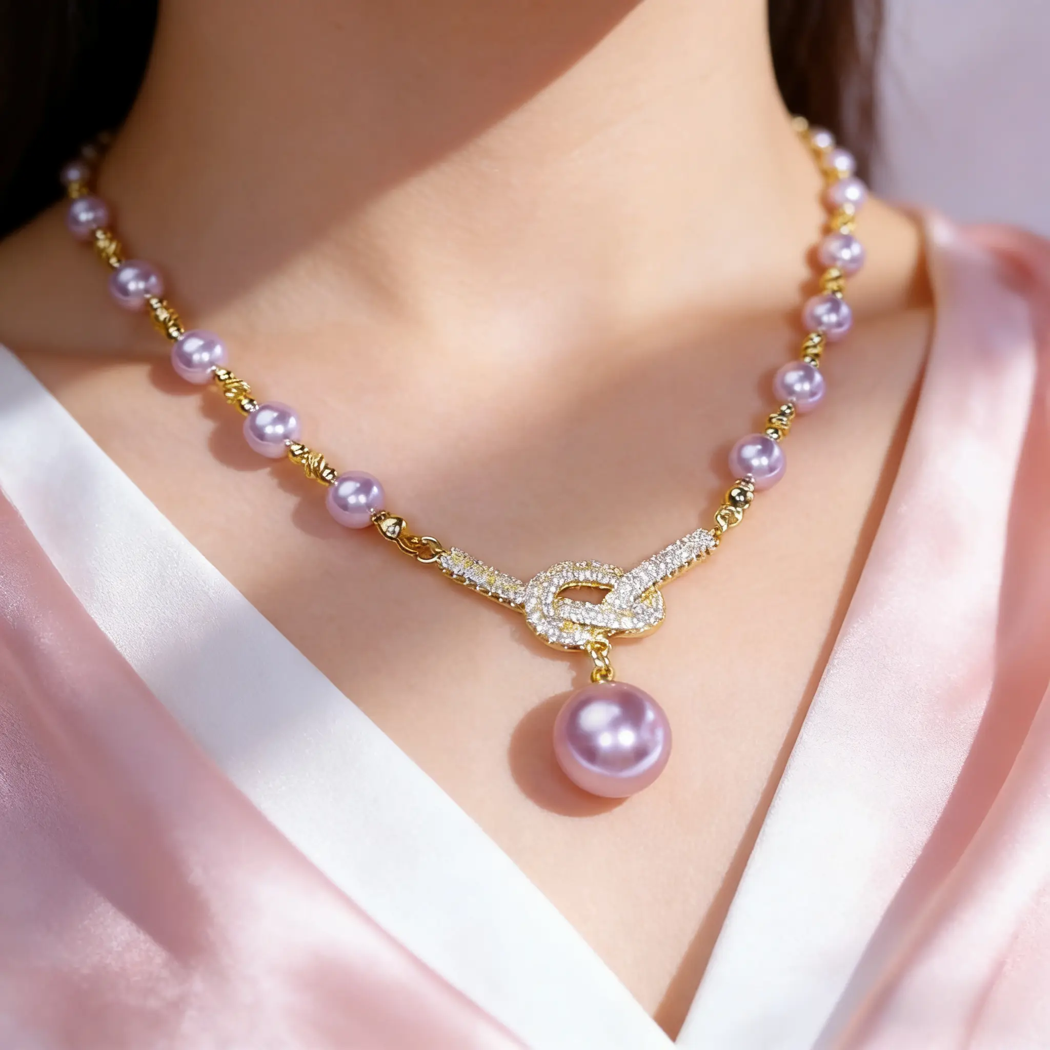 Women's 2026 New Light Luxury High-End Purple Full-Diamond Elegant Necklace, Pearl Bowknot Decorated Pearl-Embellished Versatile Collarbone Chain Fashion Accessory