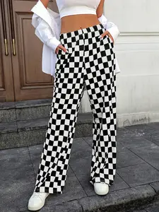 Women's Plaid Straight Leg Casual Loose Long Pants, Comfortable High Waist Trousers for Daily Wear, Stylish Ladies' Clothing
