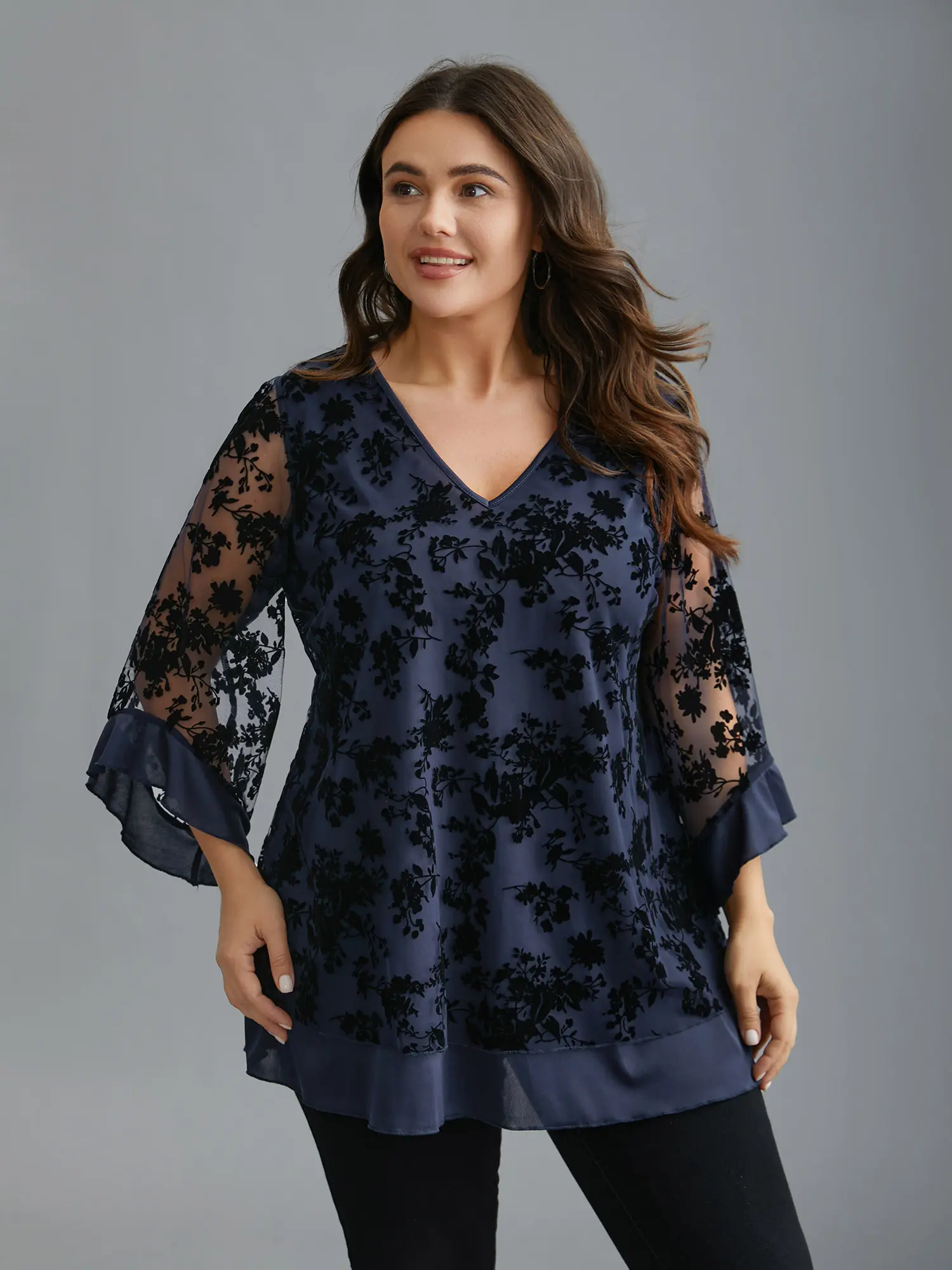 BloomChic Women's Plus-Size Loose Fit Boho Tunic Blouse, V-Neck Flocked Floral Mesh with 3/4 Bell Sleeves and Asymmetrical Hem, 3/4 Sleeve, Ready To Wear, Lady, Boho Floral Ruffle, Flock Texture, Tunic Length, Loosey Goosey, Fashion Over 50