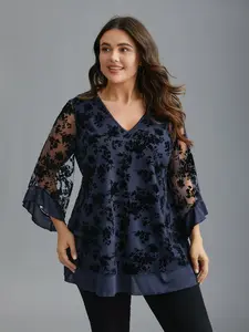 【Summer Turn-Up】【V-neck】BlOOMCHIC Plus Size Floral Flocking Mesh Asymmetrical Hem Blouse Indigo V-neck Three Quarter Bell Sleeve Tunic Top Boho Style Shirt Fit Garment Fabric Nylon Vneck Spandex Womenswear [M-6X] 2026 Summer Pick for Mother's Day