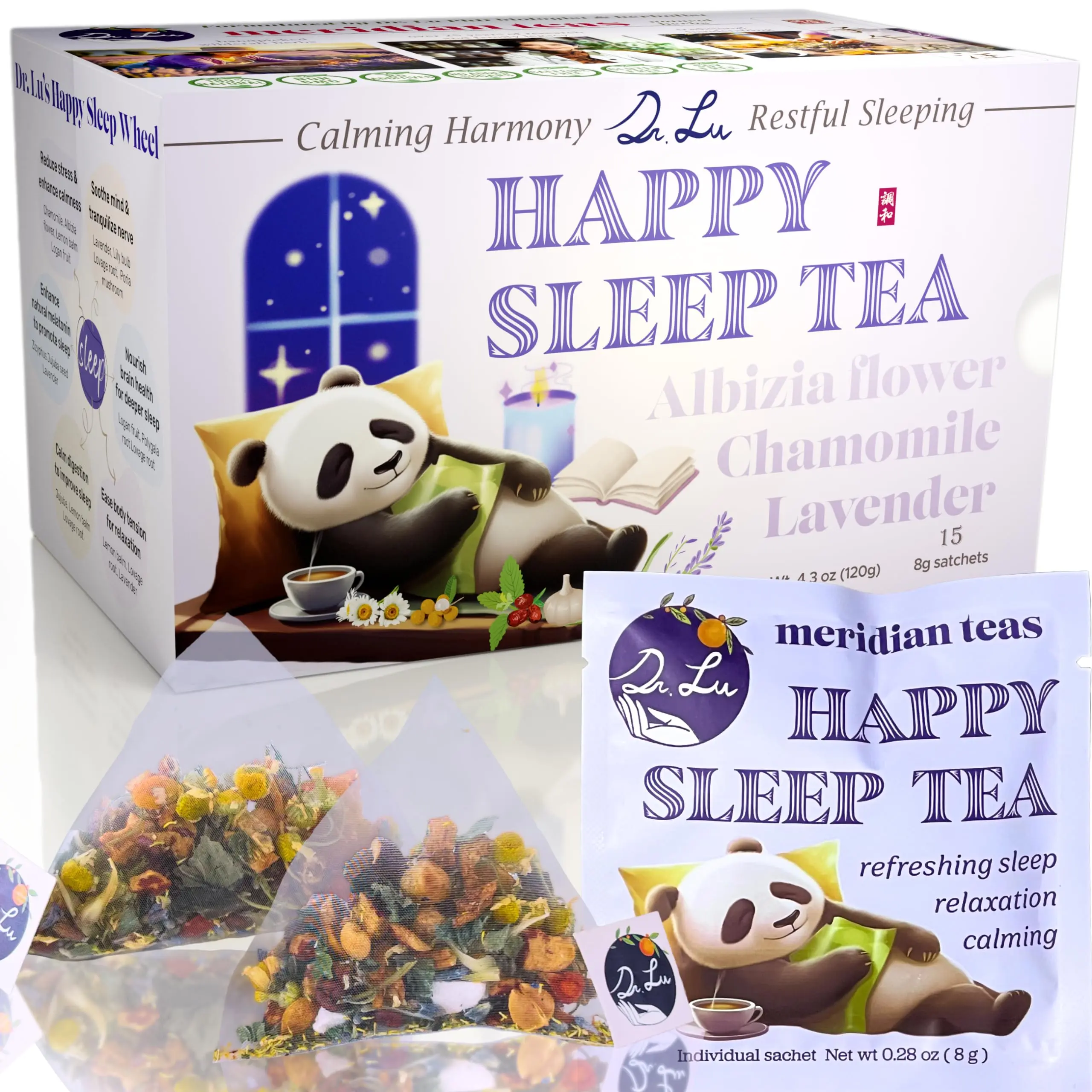 Dr. Lu's Happy Sleep Tea | 100% Natural Melatonin Sleepytime Tea for Deep Sleep | Bedtime Tea with 11 Relaxing Herbs | Chamomile Tea Bags, Lavender & Lemon Balm