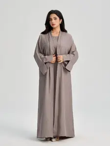 Women's Solid Color Belted Abaya & Dress Two-piece Set, Casual Long Sleeve Open Front Outerwear & Dress Set, Modest Muslim Outfits, Ladies Islamic Clothing for All Seasons