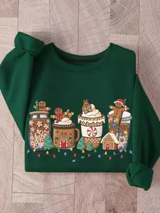 Women's Christmas Gingerbread Men & Coffee Print Crew Neck Sweatshirt, Casual Long Sleeve Pullover for Daily Wear, Ladies Spring & Fall Clothes