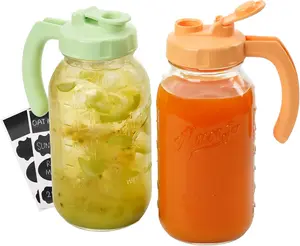 Soligt Glass Mason Jar Pitcher, 2 Pack 64oz(2 Quart /1.9 Liter) Wide Mouth Mason Jar Pitcher with Handle, Airtight and Dishwasher Safe, Iced Brew Coffee Maker Pitcher, Homemade Iced Tea, Pour Spout Handle Lids Kitchen Bottle Container Drink #SummerVibes