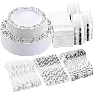 350pcs Silver Dinnerware Set for 50 Guests, Silver Wedding Disposable, Including :50 Dinner, 50 Dessert, 50 Cups, 50, 50 Sliver Silverware Set