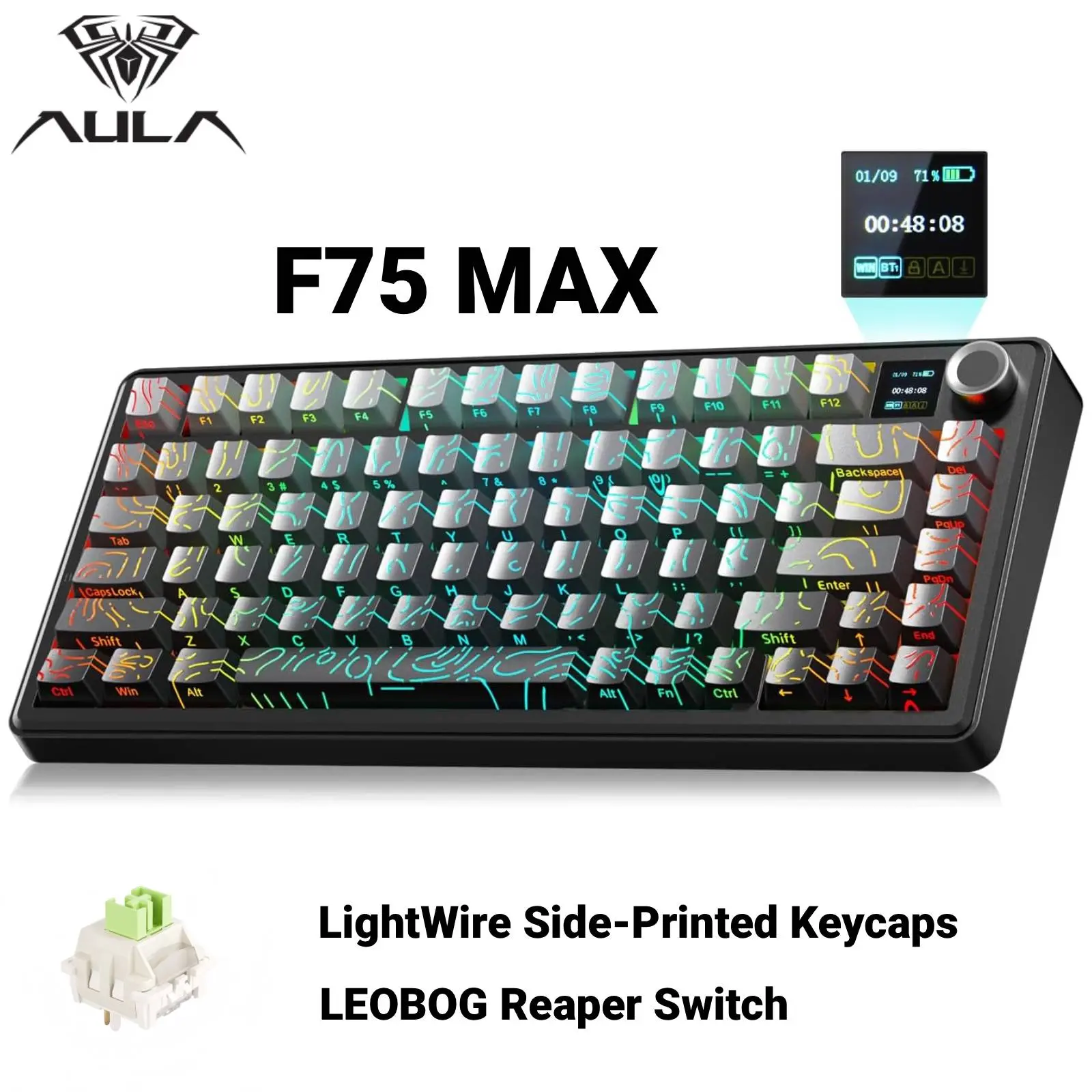Aula F75 MAX Wireless Mechanical Keyboard with TFT Screen and Knob, Gasket Gaming Keyboard in 75% Layout, Hot Swappable, RGB Backlight, for PC/Mac/Linux , Gift for Friend, Gaming Accessories