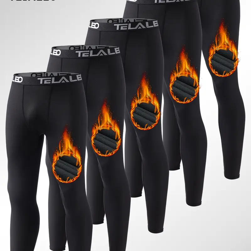TELALEO 5-Pack Men's Polyester Fleece Lined Thermal Compression Pants - Normal Type Menswear Tights, Snug-Fit Gym Baselayer, Cold Weather Stockup Mensfashion Gear for Winter Outdoor Sports, Blood Circulation Enhancer