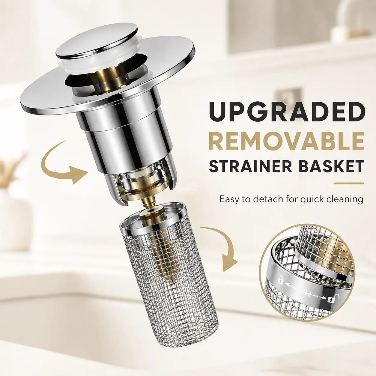 1/2-Pack Pop-Up Bathroom Sink Drain Strainer, Stainless Steel Hair Catcher Basket with Brass Drain Plug, Universal Drain Stopper for Bathroom Sinks, Bathtubs, Showers & Floor Drains