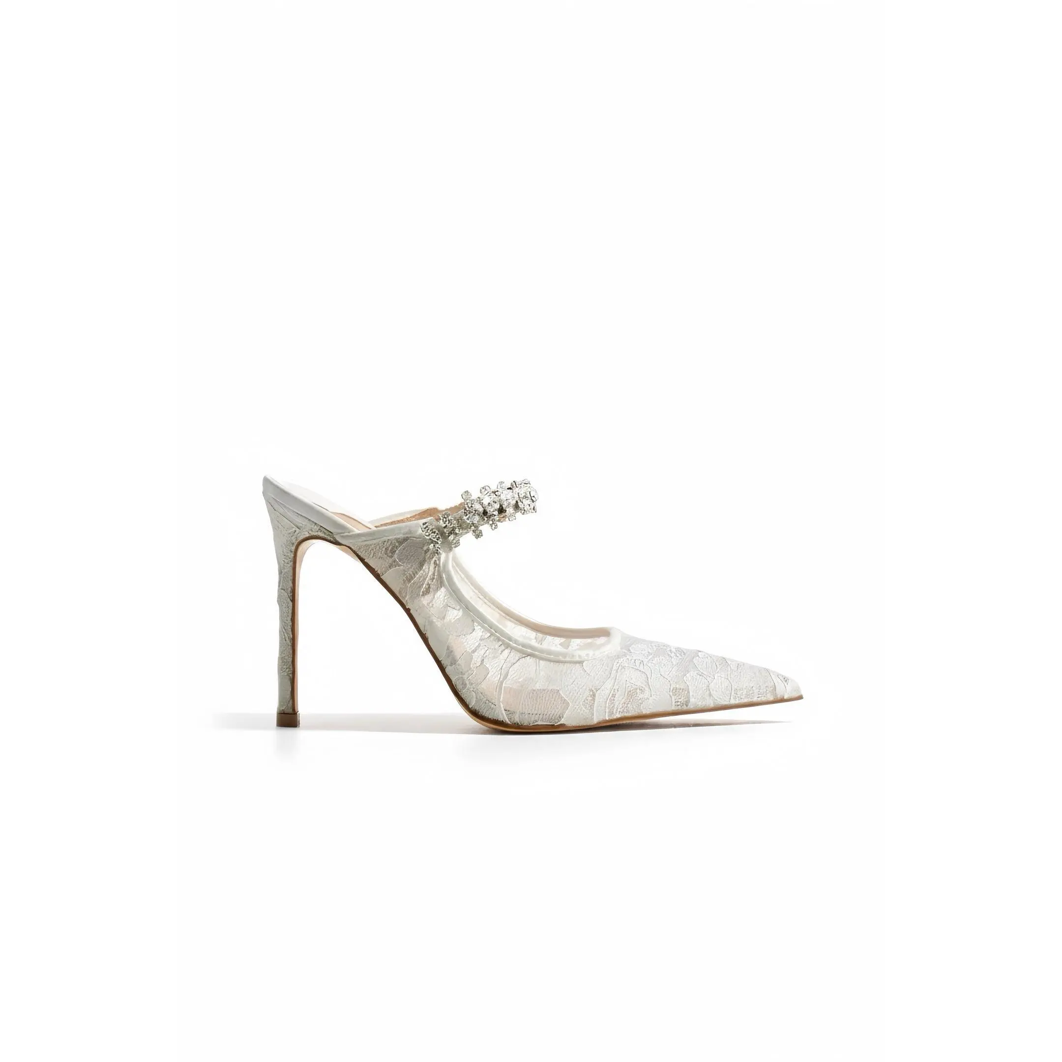 Serena | Ivory Lace High Heels with Rhinestone Strap