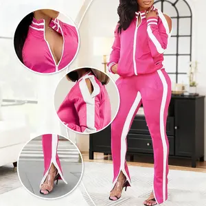 Halfword Women's 2pcs Set Stripe Cutout Cold Shoulder Full Zip-Up Hoodie & High-Waist Leggings Breathable Polyester Fabric Jogger Outfit for Gym Workout Beige White Fall Winter Streetwear Tracksuit Set