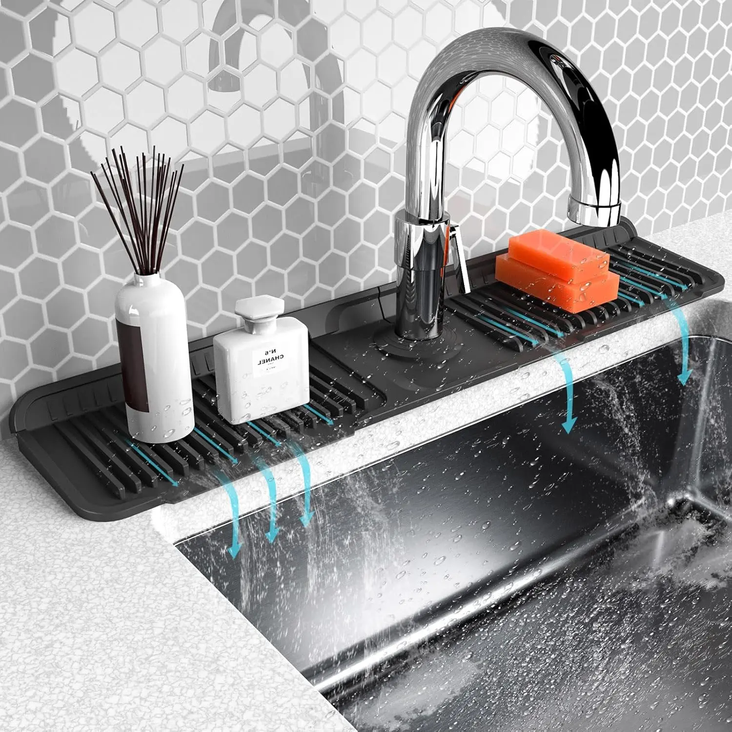 AMA SNOW 100% Food-Grade Silicone Kitchen Sink Faucet Protector, 24"x5.5" Water Splash Guard Mat, Leak-Proof Anti-Slip Household Item with Folding Button Lock Drain, Customizable Hole, Dishwasher-Safe for Kitchen & Bathroom, Household Items