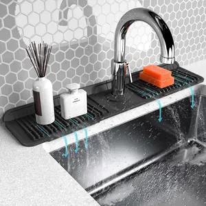 Kitchen Sink Faucet Protector Mat Silicone Folding Splash Guard with Button Lock Draining Mat for Kitchen & Bathroom Sink Anti-Slip Sink Accessories 24" x 5.5" Size Customizable Hole Design 100% Food-Grade Silicone Material Dishwasher-Safe