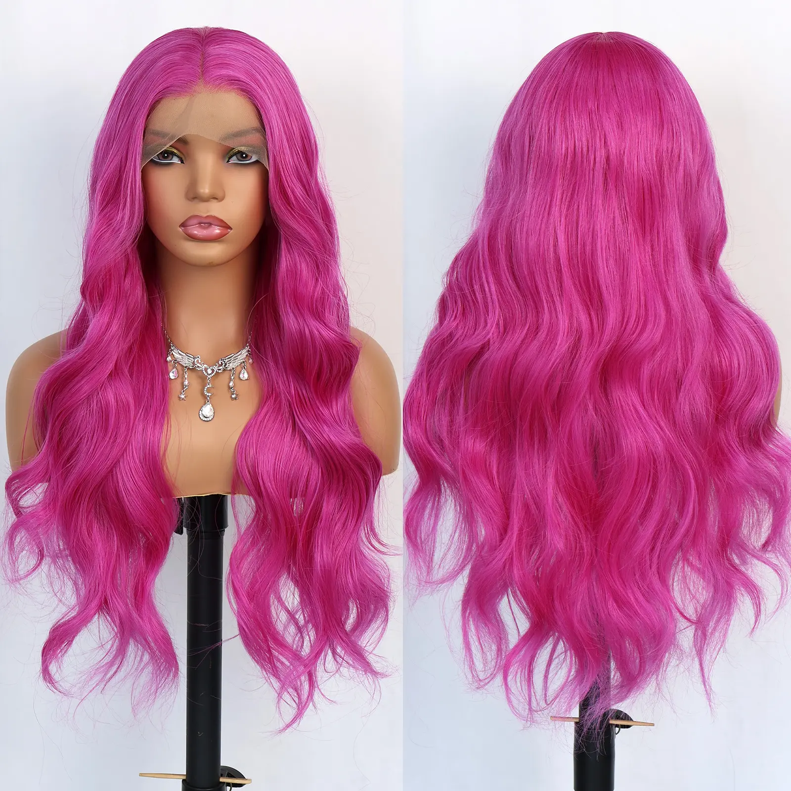 Aodbar hairs Charming Hot Pink Long Curly Wig 13*4 Transparent Synthetic Lace Frontal Wig Pre Plucked Pink Wavy for Fashion Wig for Daily Use and Party