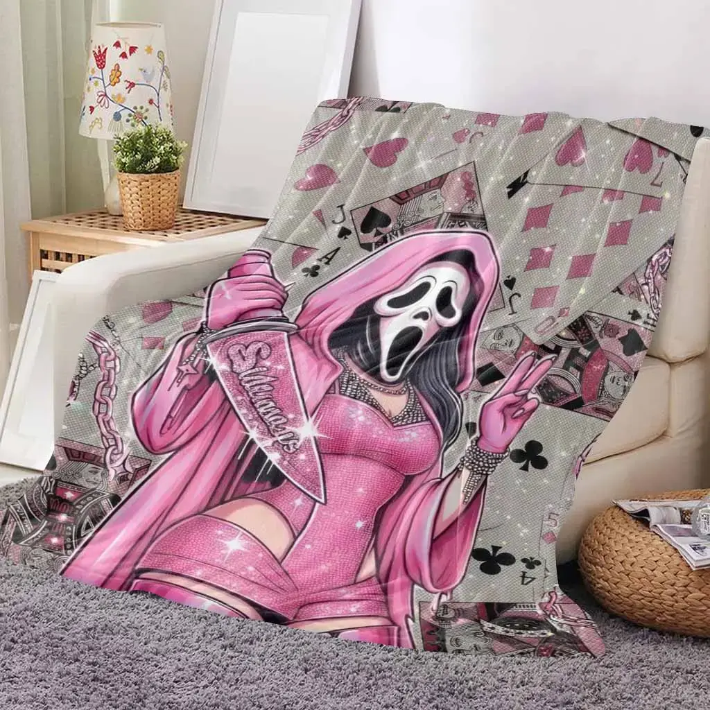 Pink Ghostface Scream Flannel Blanket, Horror Movie Themed Throw, Ultra Soft Cozy Lightweight Blanket for Couch Bed Sofa, Girly Spooky Scream Killer Print Blanket