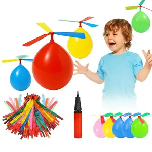 105 Pack Flying Balloon Toy Set - 100 Pcs Rocket Balloons with 5 Pcs Balloon Helicopters and Hand Pump, Whistling Outdoor Flying Toys for Kids, Birthday Party Favors & Carnival Games Gift