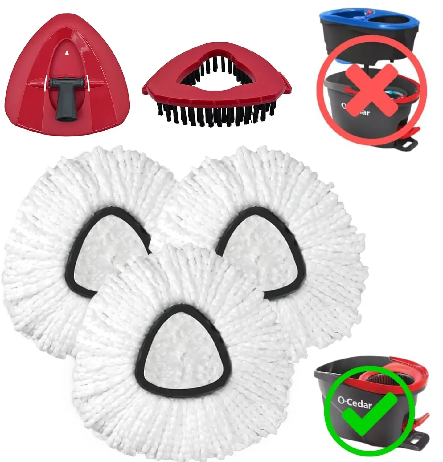 3 PACK Spin Mop Replace Head, Base, Mop Handle Replacement for OCedar EasyWring 1 Tank System - Include 3 Microfiber Refills, 1 Head Cover and 1 Scrubber(Hide inside)