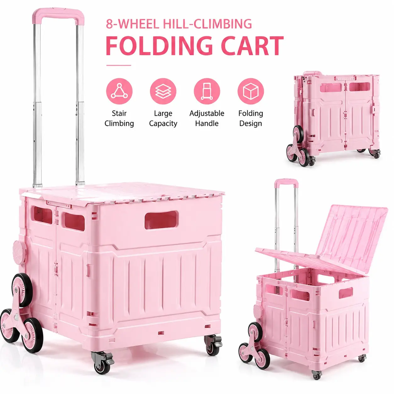 Pink Foldable Rolling Cart Organizer Storage Bin with Lid, 75L Large Capacity, High Load Bearing, Telescopic Handle, Integrated Anti-Lost Lid, Compact, Stair-Climb Ease Wheels, for Farmers Market, Apartment Dwellers, Grocery Shopping