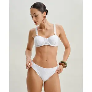 Rihoas White Polyester Textured Jacquard Underwire Removable Bikinis Set - Sports & Outdoor Swimwear with Drawstring Waist, Removable Cups