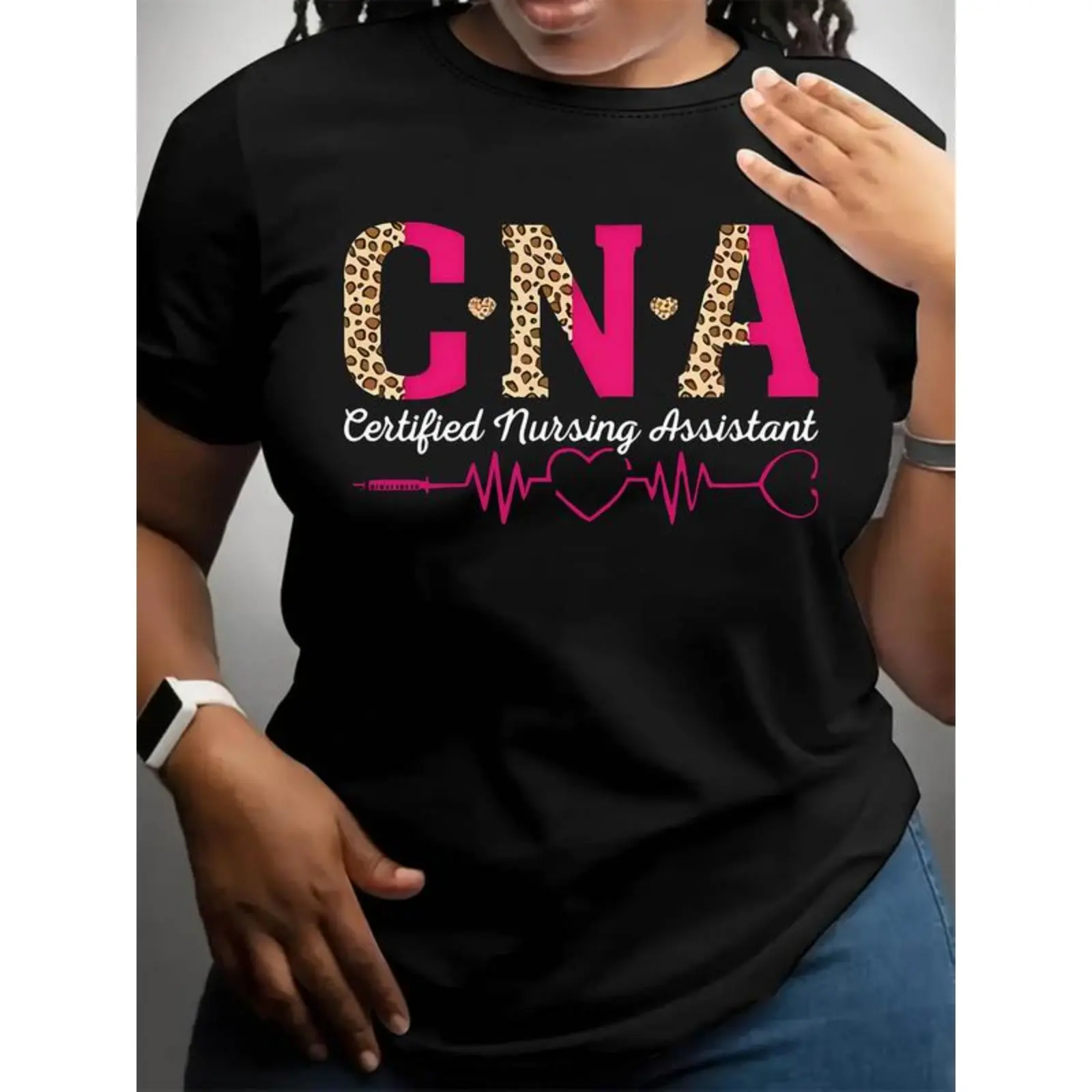 Women's Certified Nursing Assistant CNA Graphic T-Shirt - with Leopard Print & Heartbeat Design, Short Sleeve Crew Neck Casual Top, Medium Stretch Breathable Fabric for Spring & Summer, Machine Washable Healthcare Worker Apparel Clothes Womenswear