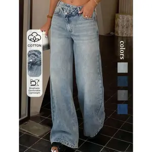 Women’s Asymmetrical Wide-Leg Jeans with Pockets and Zipper, Casual Fashion Pants for All Seasons