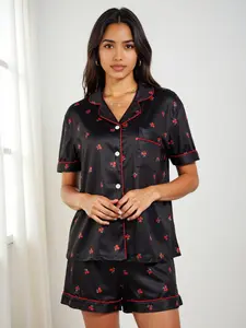 Women's Cherry Print Short Sleeve Set, Summer Casual Comfortable Pajamas, Button Collar Open Front Home Wear, Two-Piece Lounge