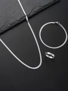 Men's Stainless Steel Snake Bone Chain Set, Ring Bracelet Necklace Jewelry, Durable Simple Thin Trendy Design for Daily Wear & Vacation