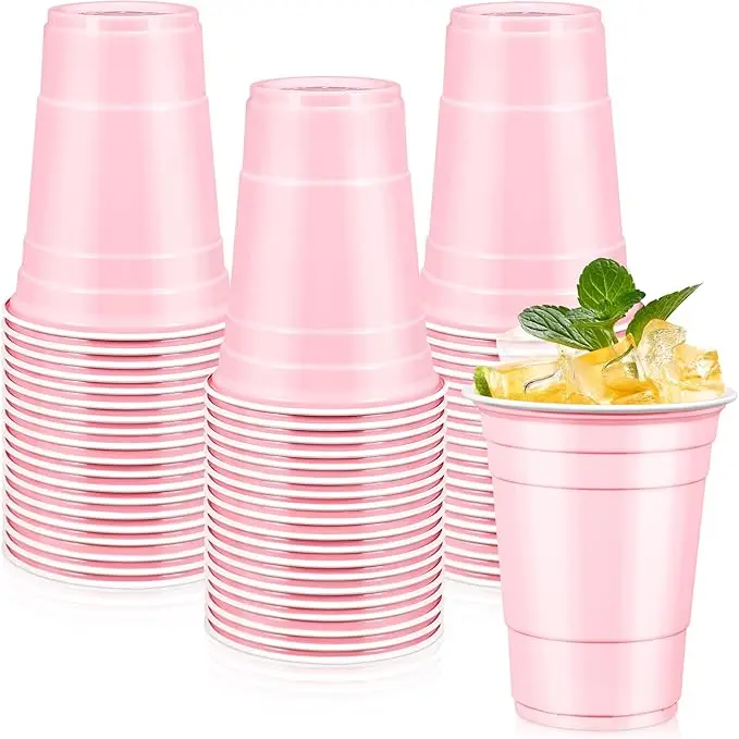 LANLISA 50 Light Pink Plastic Cups, 16 oz Disposable Cups, Drinking Cups For Birthday Party, Valentines, Baby Shower, Easter Party, Mothers Day