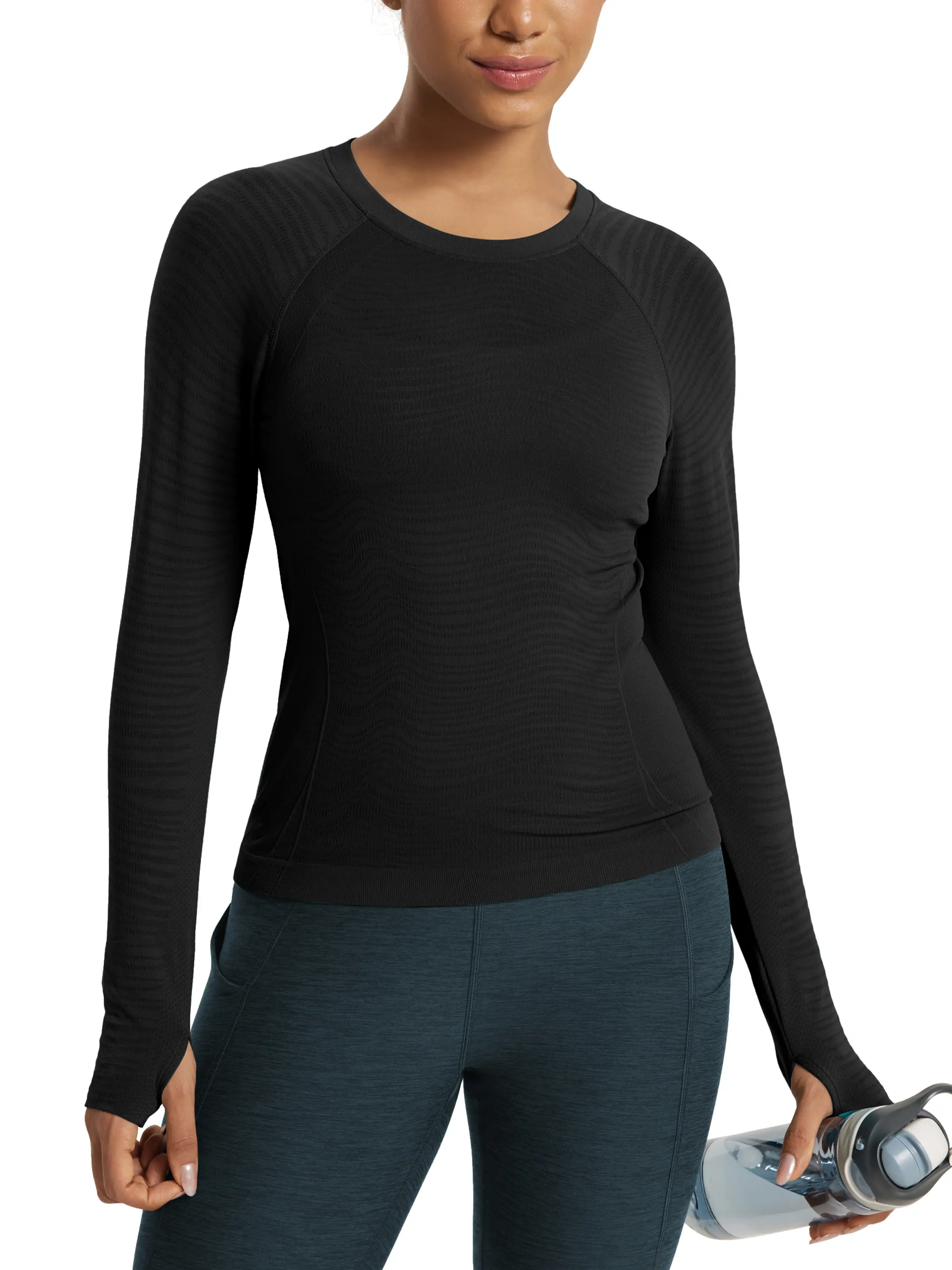 ODODOS Women's Seamless Performance Long Sleeve T-Shirt - Lightweight, Breathable, Slim-Fit Exercise Activewear - Waist-Length Fitness Workout Shirt for Gym Daily Wear, Gym Athletic Clothes (Fitness Seamless Design), Athleisure Wear, Breathable Fits, Nylo