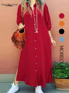 Women's Plain Collared Button Shirt Collar Long Sleeve Dress, Casual Fashion Long Dress for Daily Outdoor Wear, Women Dress for Spring, Womenswear