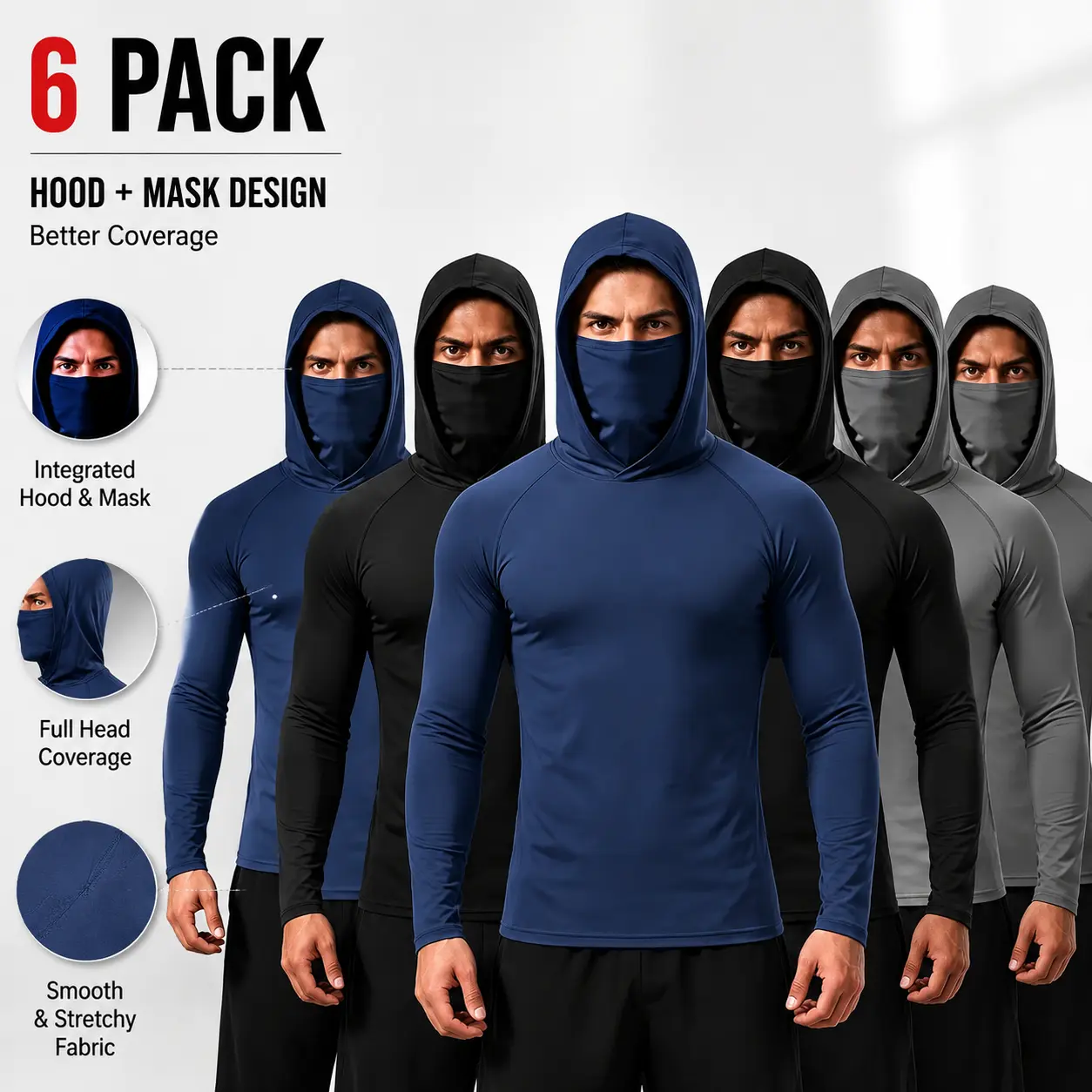 Men's 6-Pack All Seasons Fast-Dry Lightweight Long Sleeve Face Guard Hood Training Pullovers - Unisex Adult Gym, Hiking Shirts with Built-In Face Guard