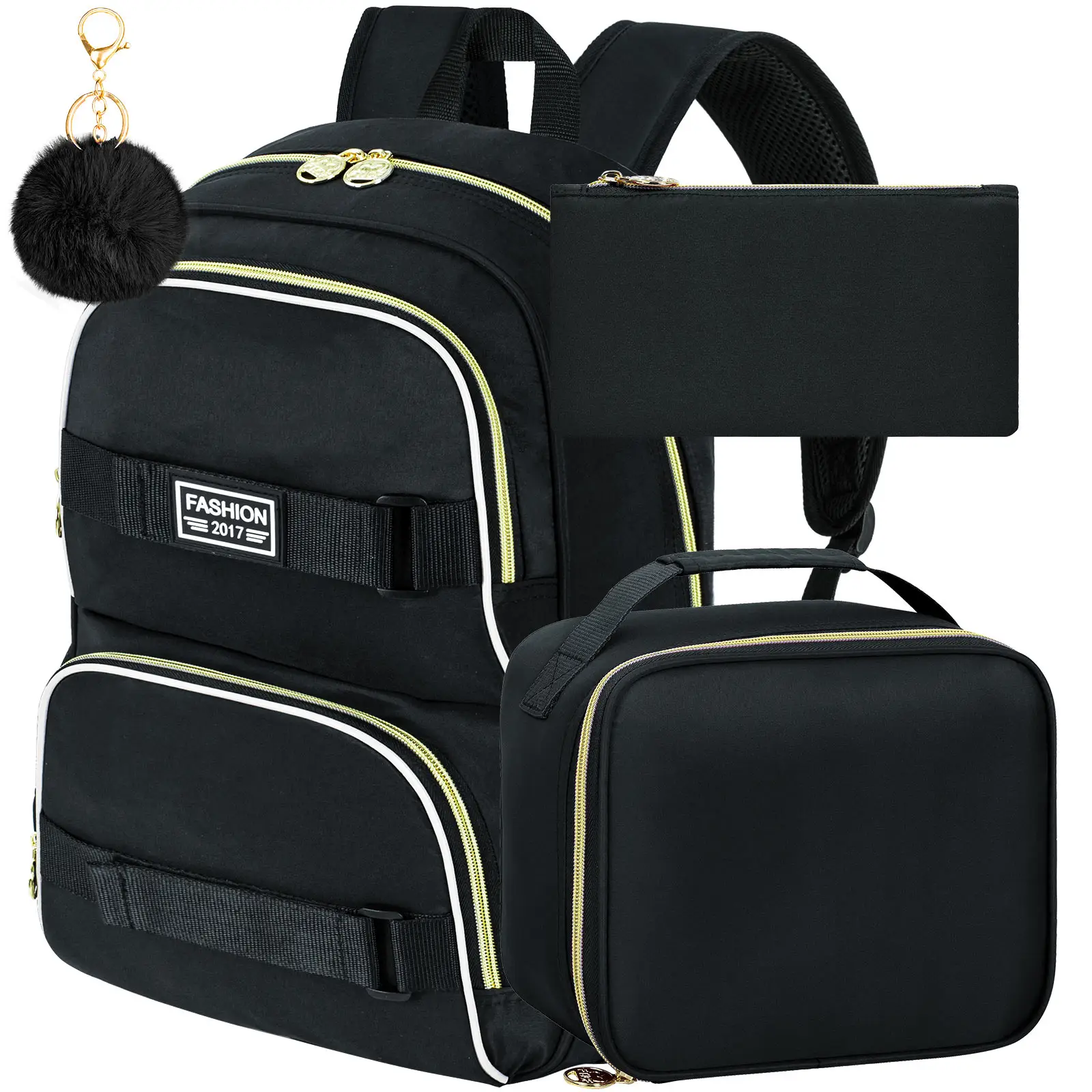 17 Inches Girls Backpack, 3Pcs School Bookbag Set for Teens College Students, Laptop Backpacks with Lunch Box (Black)