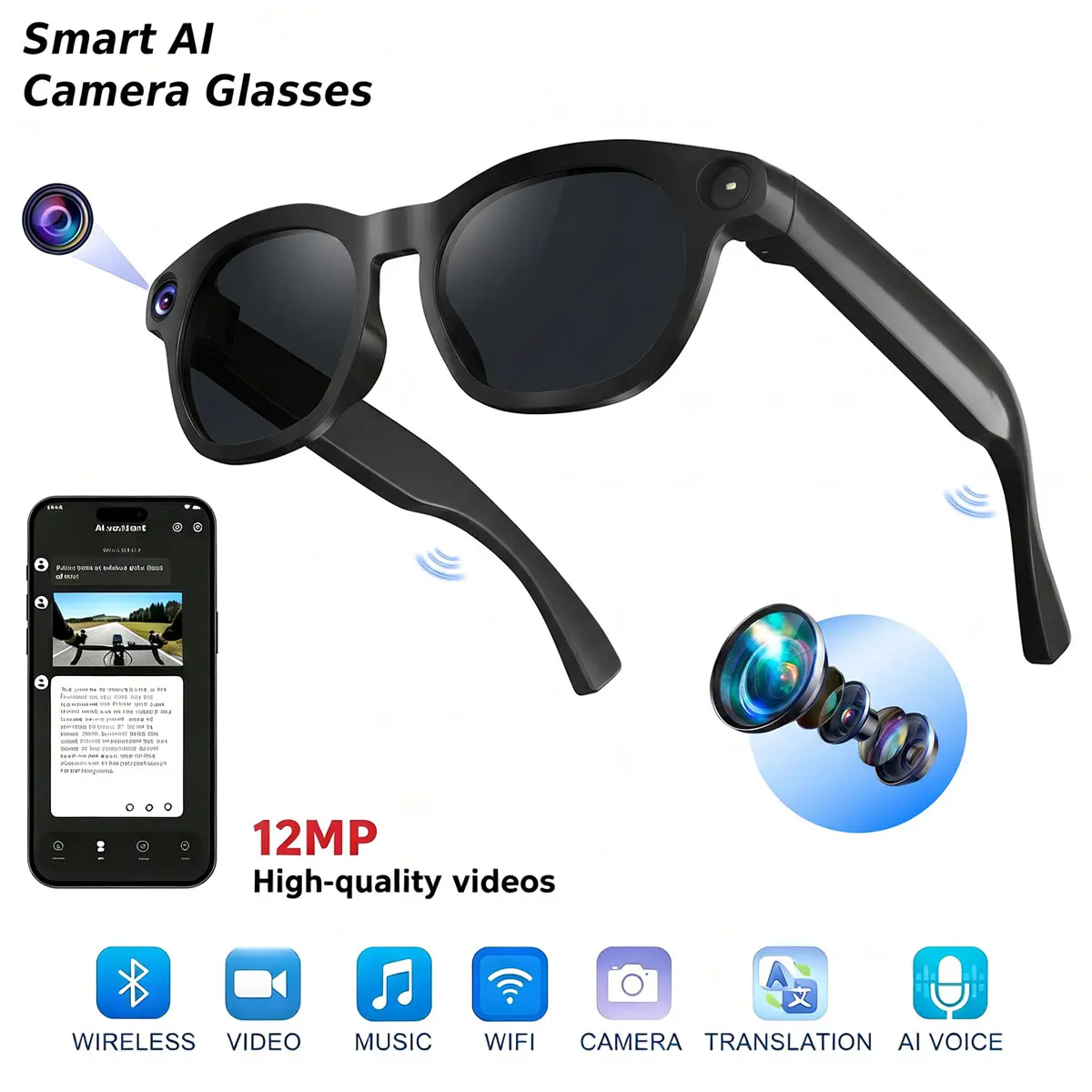 Casual Wearable AI Smart Glasses with 12MP HD Camera, Bluetooth Wireless Audio, Video/Photo Recording, Real-Time Translation, AI Assistant, Open Earmuff Design, Object Recognition, Sunglasses/Transparent Style, Batteries Included