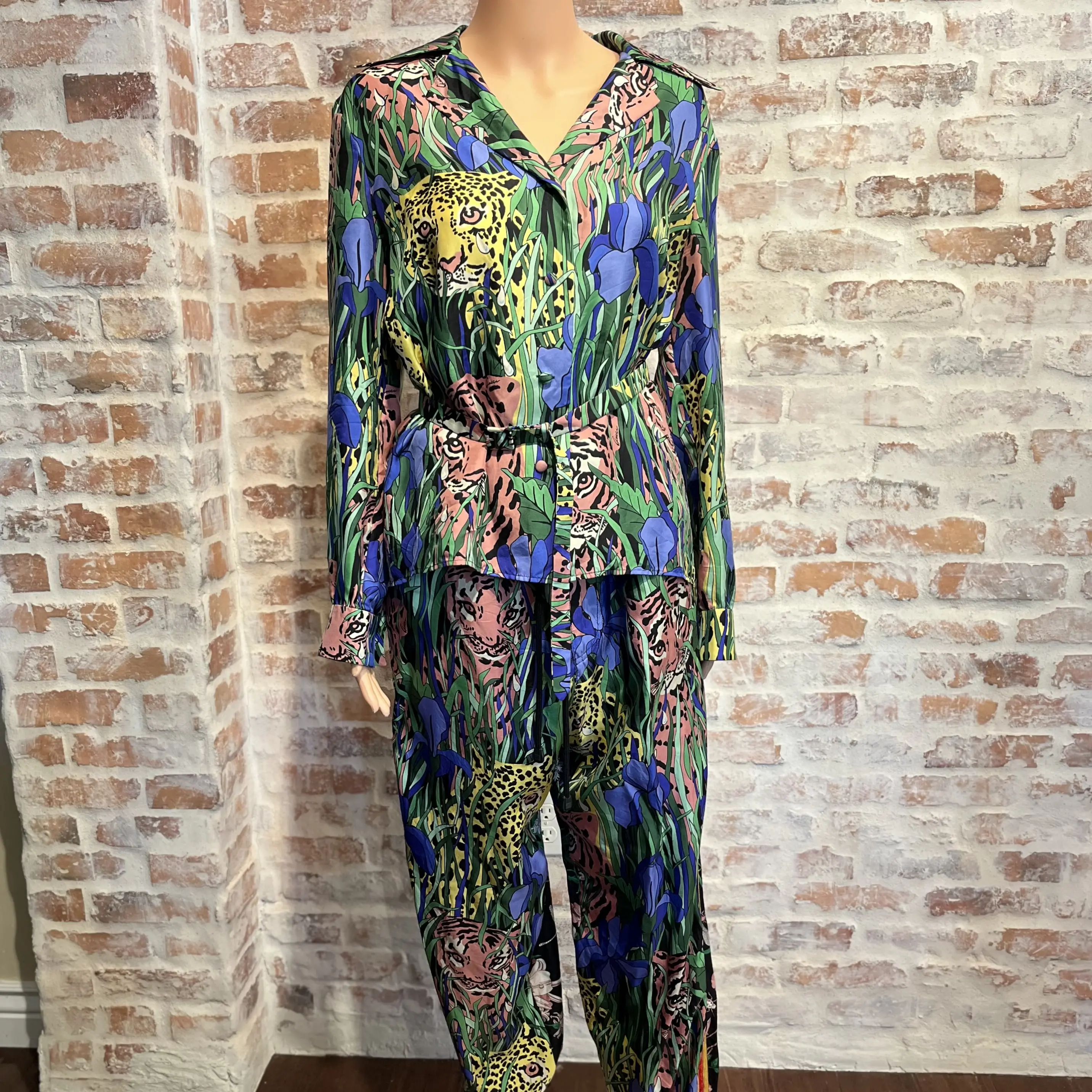 GUCCI Feline Flora Multicolor Silk Printed Blouse SZ42 Pants Set