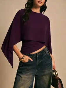 Fashion Women's Shawl Neck Casual Top, Elegant Asymmetrical Shirt, Batwing Sleeve, Perfect for Daily Wear, Outing, Commute