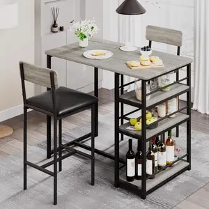 Garvee and Garvee 3-Piece Counter Height Bar Kitchen Table Set with Upholstered Bar Stools, Rustic Gray and Velvet Gray Dining Set Featuring Storage Shelves, Ideal for Small Apartments and Kitchens