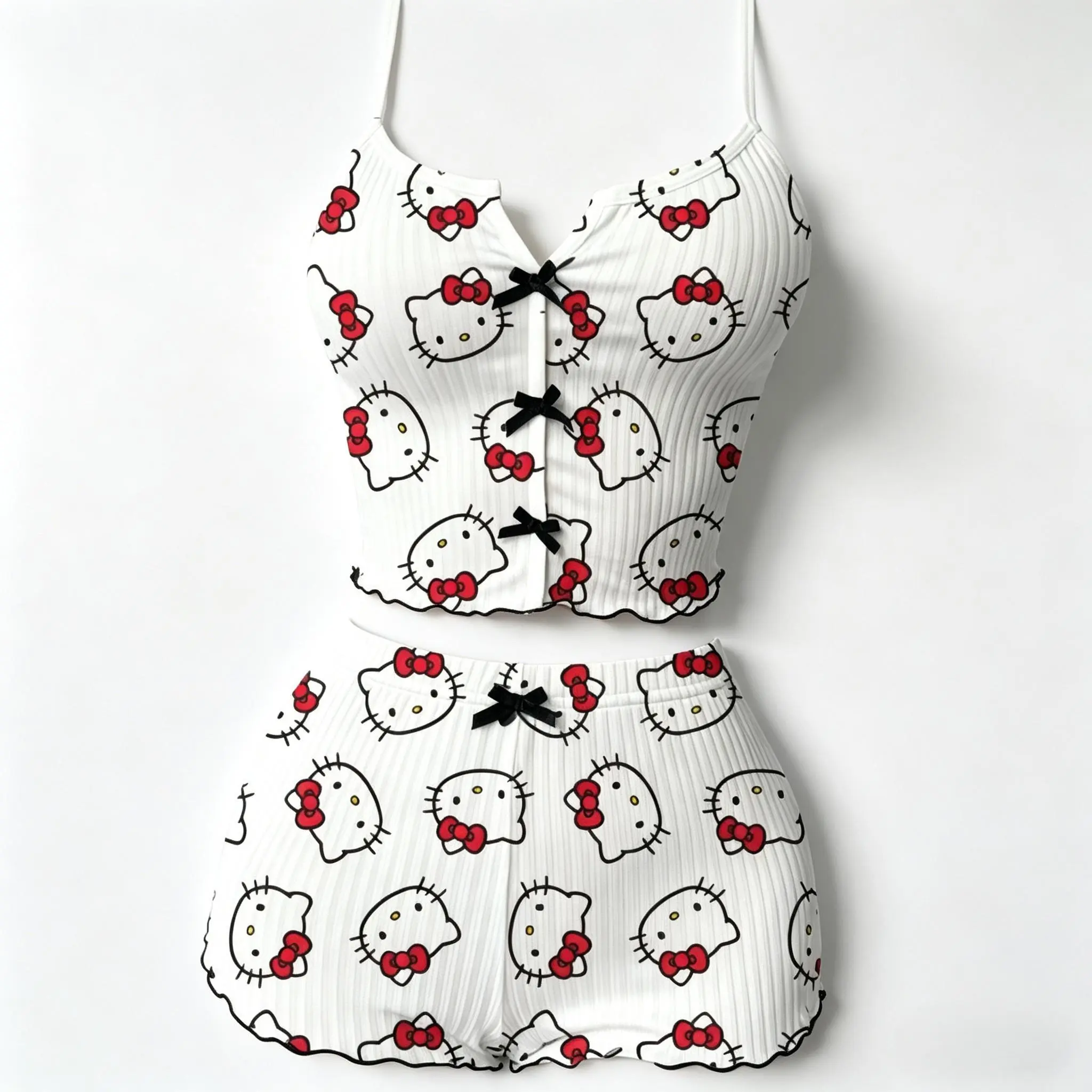 Sanrio Hello Kitty Tank Top and Shorts Loungewear Set Soft Comfy Sleeveless Pajama Kawaii Home Outfit for Girls & Women