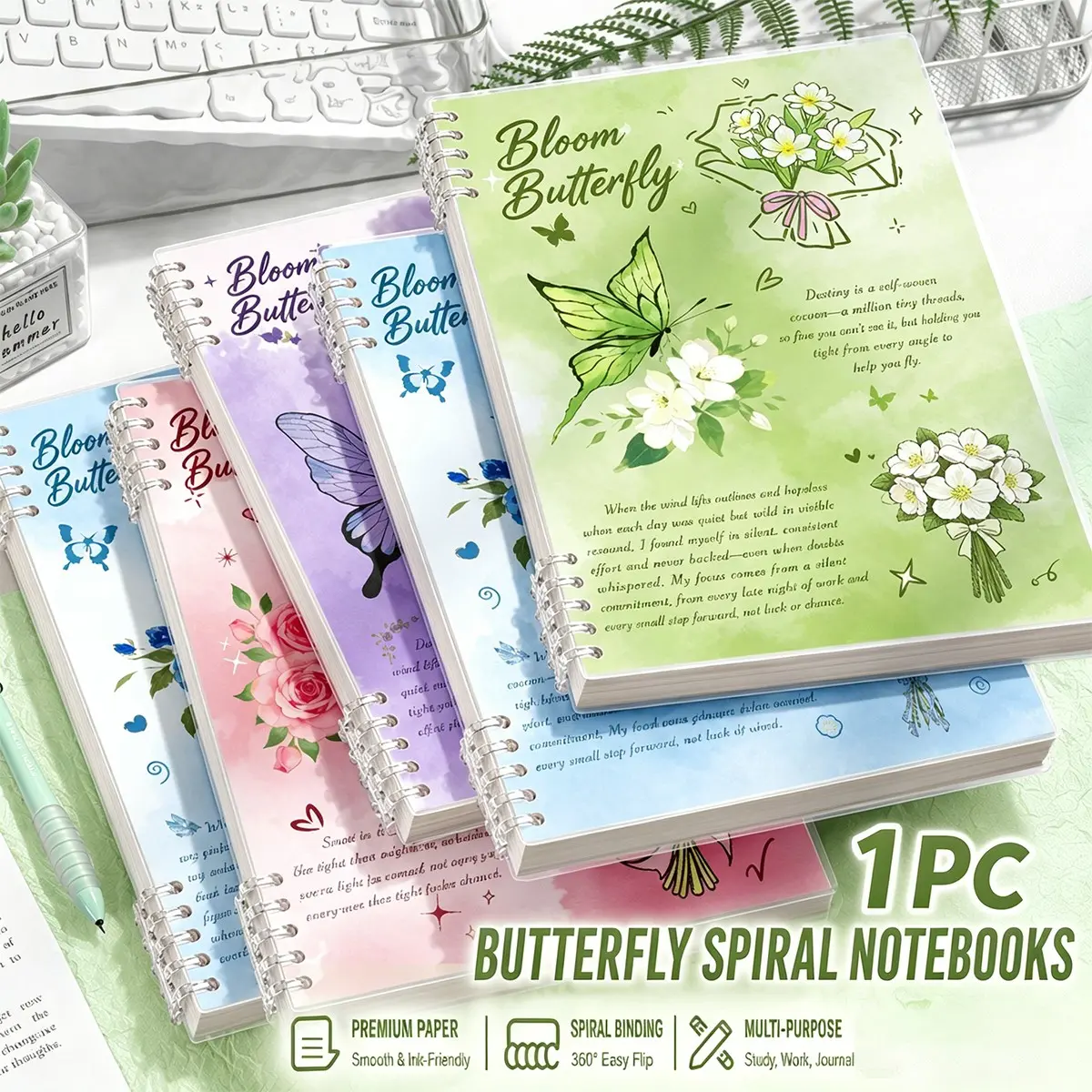 1Pc A5/B5 Butterfly Loose Leaf Spiral Coil Notebook, Journaling Notebooks, Refillable Binder Journal with Transparent Cover, Thick No Bleed Paper, 360° Foldable Pages & Quiet Press Rings for Study Notes, Office Planning, Daily Journaling