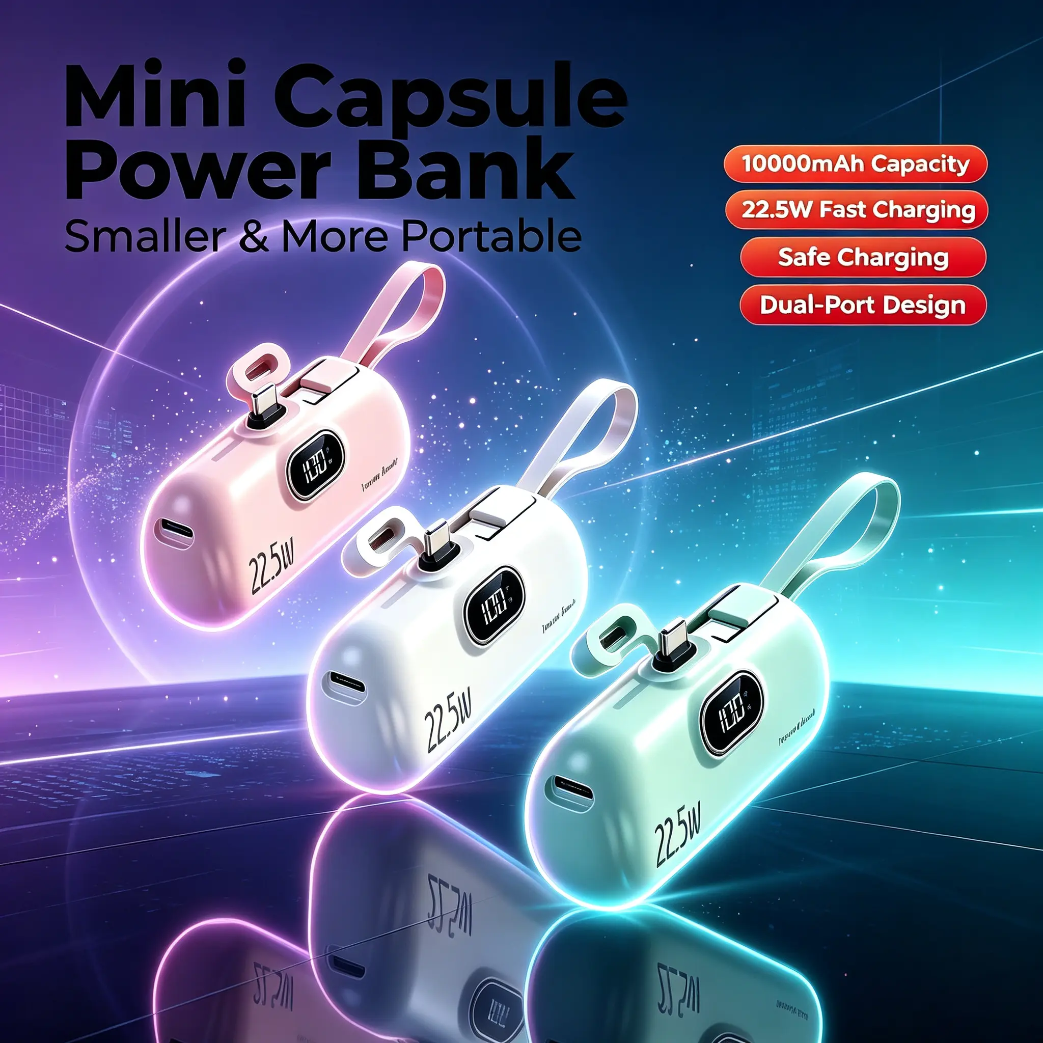 Mini Pocket Power Bank, Compact Emergency Phone Charger with Real-Time Digital Display, High-Speed Dual-Interface Fast Charging for Travel & Work