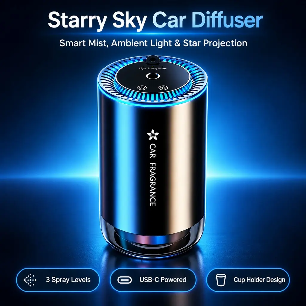 Intelligent car aromatherapy device, car interior accessories, car air freshener with starry sky projection and RGB ambient light, car aromatherapy device powered by USB, car interior decoration gift.