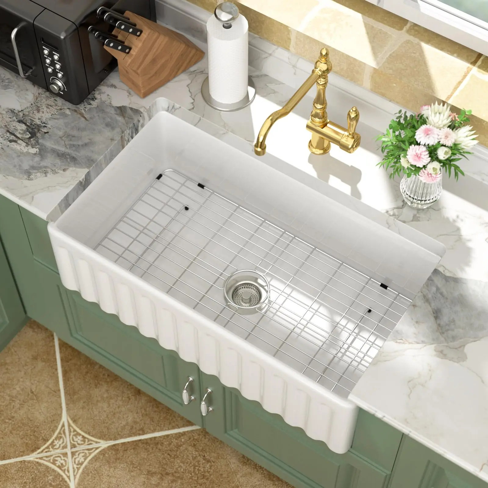 Logmey 33" White Fireclay Undermount Farmhouse Sink with Pop-up Drain & Reversible Design, 33x18x10in Durable Ceramic Apron Front Sink, Easy to Clean, Scratch & Heat Resistant, Ideal for Traditional Kitchen Remodels, Undermount Sink