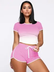 USBOUTIQUECHIC Women's Cropped Top & Shorts Lounge Set Soft Milk Silk Knit Fitted Short Sleeves Breathable Coordinated Matching Set
