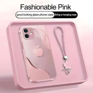 Luxury Faux Brushed Metal Texture Phone Case with Flower Lanyard | Glossy Glass Feel 2D Printed Cover | for [iPhone 12] 952