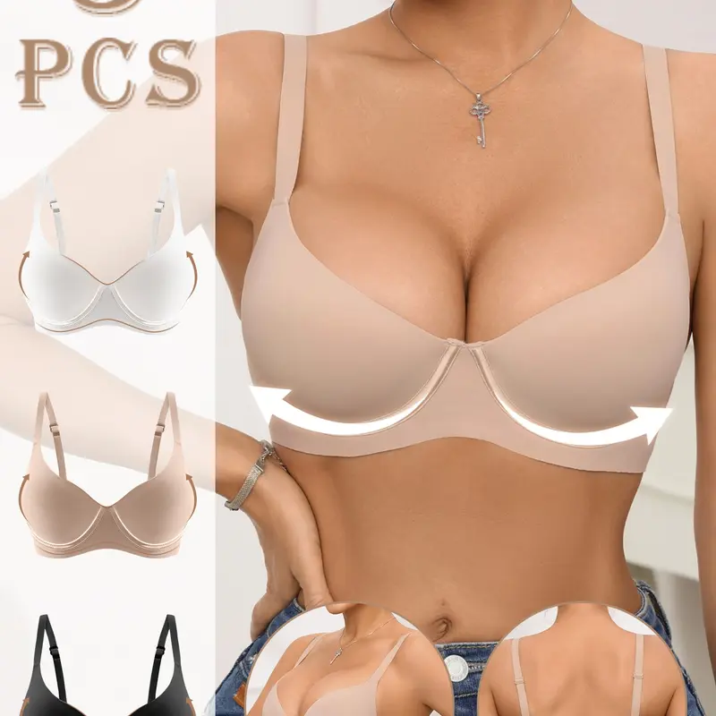 1/2/3 Pack Simple Daily Comfort Jelly Bra, Elegant Chic Underwire Push-Up Bra with Medium Support, Lined Plain Surface, All Seasons Wear, Elegant Bras