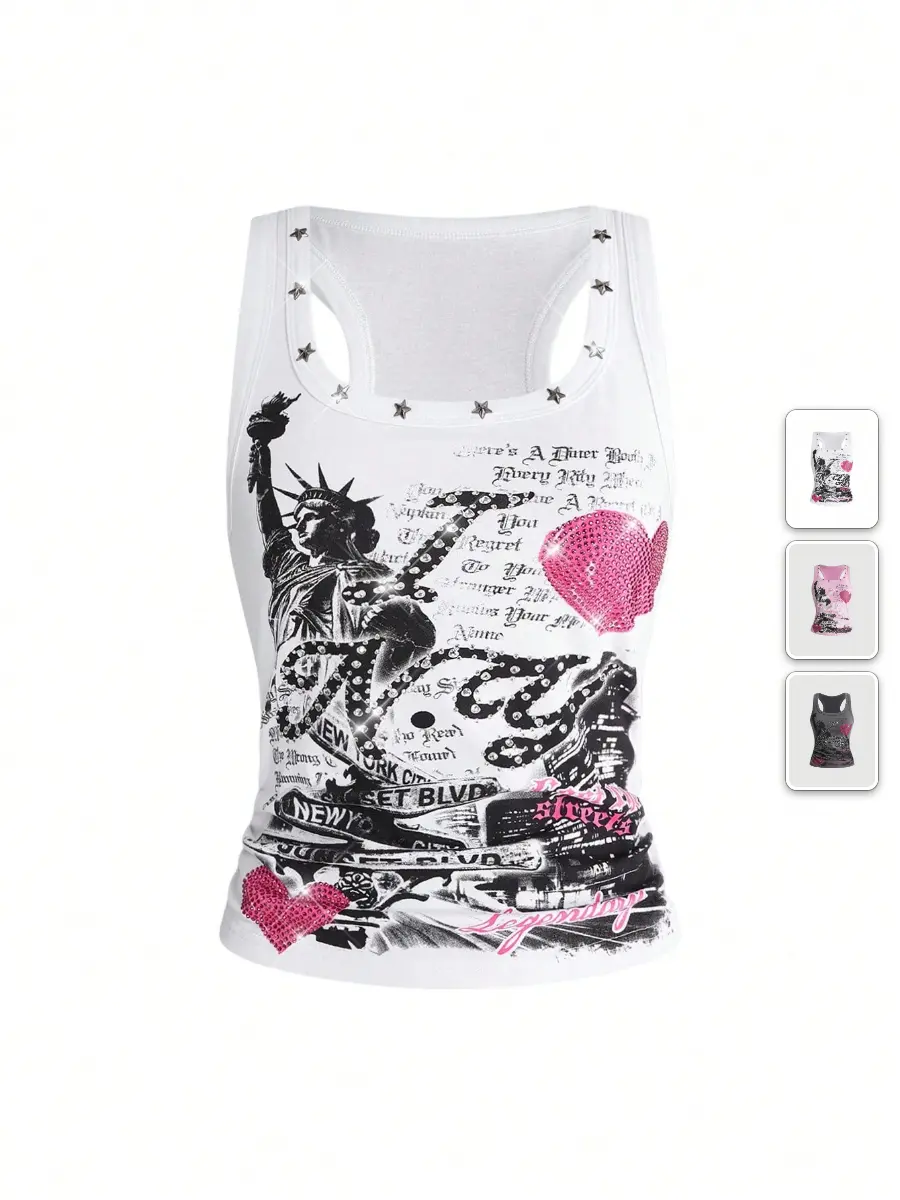 Rhinestone Tank Top Y2K Slogan Print Streetwear Going Out Party