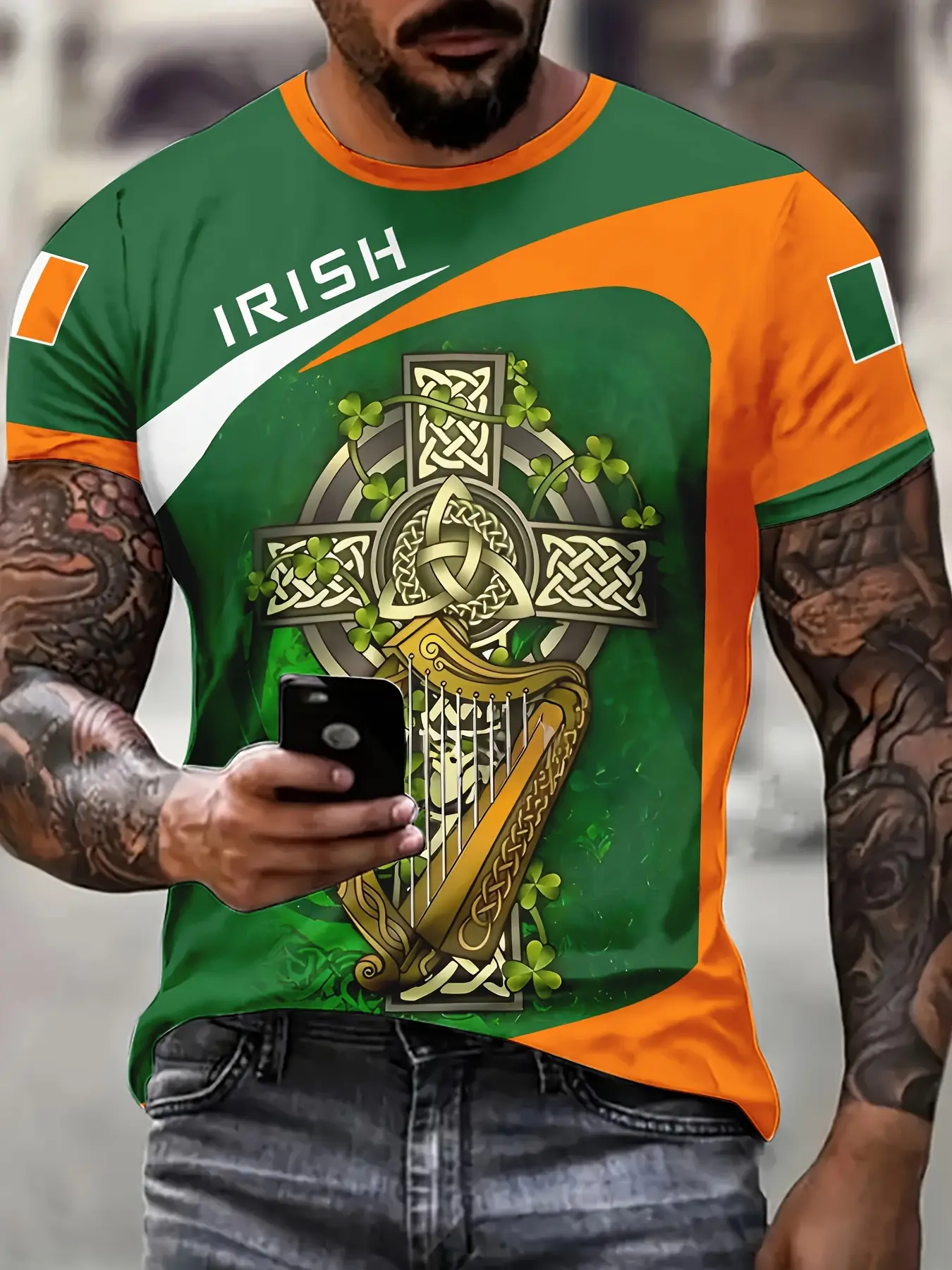 St Patrick's Day Unisex Celtic Cross Irish Ethnic Cultural Traditional Casual Fitted T-Shirt, Casual Style Tee, Round Neck, & Full Body Knots Clover Print Green, Ireland Flag Colors, Top, Man, Menswear