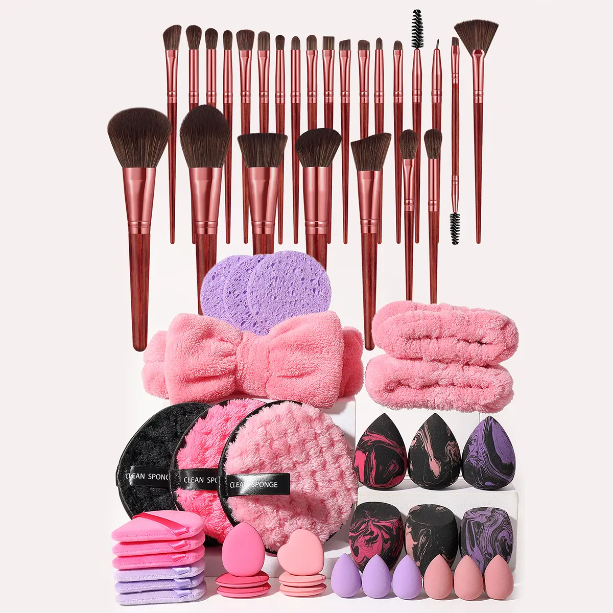 58Pcs  Makeup Tool Kit, 25 Soft Synthetic Face & Eye Makeup Brushes, Beauty Sponges Mini Finger Puffs, Reusable Cleaning Sponges, Fluffy Spa Headband & Wrist Bands, Complete Starter Cosmetic Set With Makeup Cleaning Supplies For Beginners