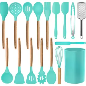 17 Pcs Silicone Cooking Kitchen Utensils Set with Holder, Wooden Handles Cooking Tool BPA Free Turner Tongs Spatula Spoon Kitchen Gadgets Set for Nonstick Cookware (Teal)