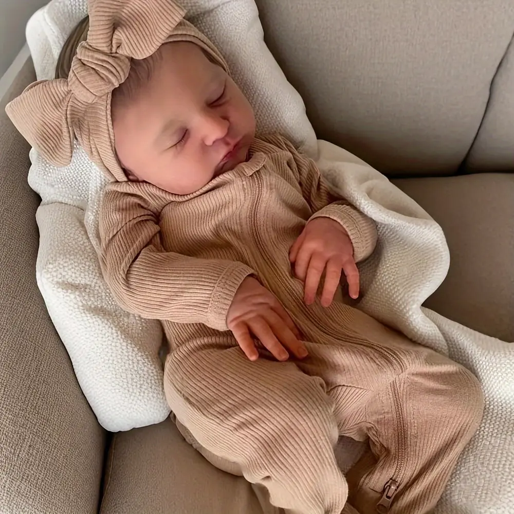 Handcrafted 19" Lifelike Doll with Hand-Painted Hair & 3D Light Beige - Realistic Soft Touch, Expressive Eyes & Closed Mouth & Bow - Ideal Gift for Kids Birthday/Christmas, Collectors - Non-Toxic Safe Material,  Perfect for Role-Play & Nurturing Play