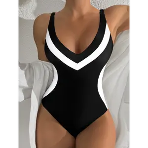 Fixed Edition Foreign Trade Hot Selling Women's One-Piece Swimsuit Slimming and Waist Shaping Round Neck Swimsuit Black and White Edge Swimsuit